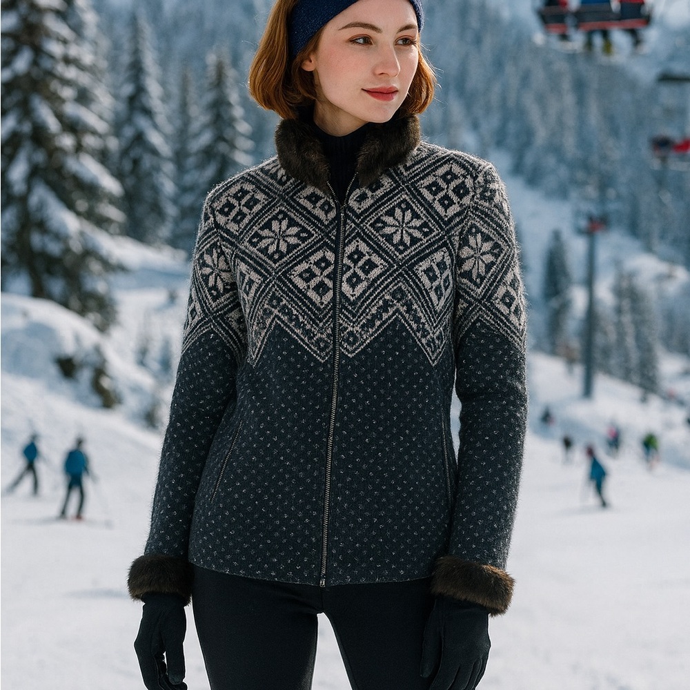Vintage 100% Wool & Fur Zip Sweater Apres-ski Glam Nordic Far Isle Print